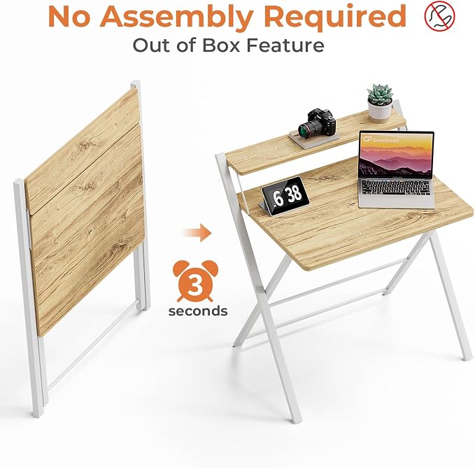 GreenForest Folding Desk No Assembly, Sturdy Computer Desk for Small Spaces | Portable Foldable Table for Laptop, 2-Tier Compact with Shelf, Space Saving for Home Office, Dorm, Apartment, 24.5"x 30" Oak - Image 4