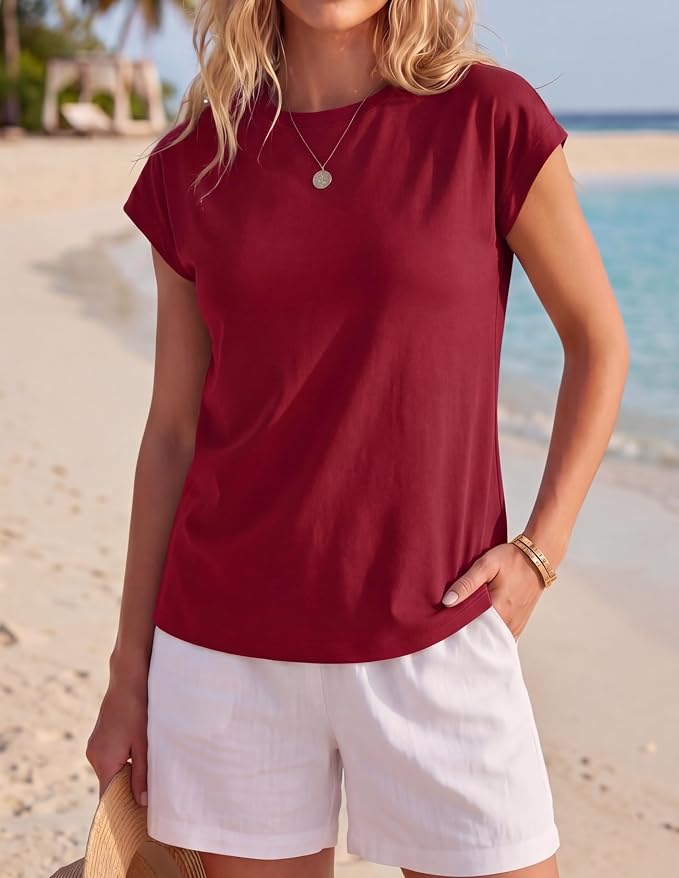 GRECERELLE Womens Summer Tops Cap Sleeve Crew Neck Basic T-Shirt | Everyday Casual Wear, Layering Friendly, Wrinkle-Resistant, Business Casual Ready, Lightweight & Packable, Capsule Wardrobe - Image 3