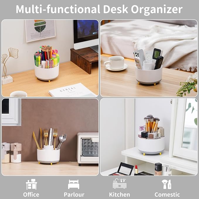 Marbrasse Desk Organizer, 360-Degree Rotating Pen Holder, Desk Organizers and Accessories with 5 Compartments Pencil Holder, Art Supply Storage Box Caddy for Office, Home (White+Grey) - Image 2