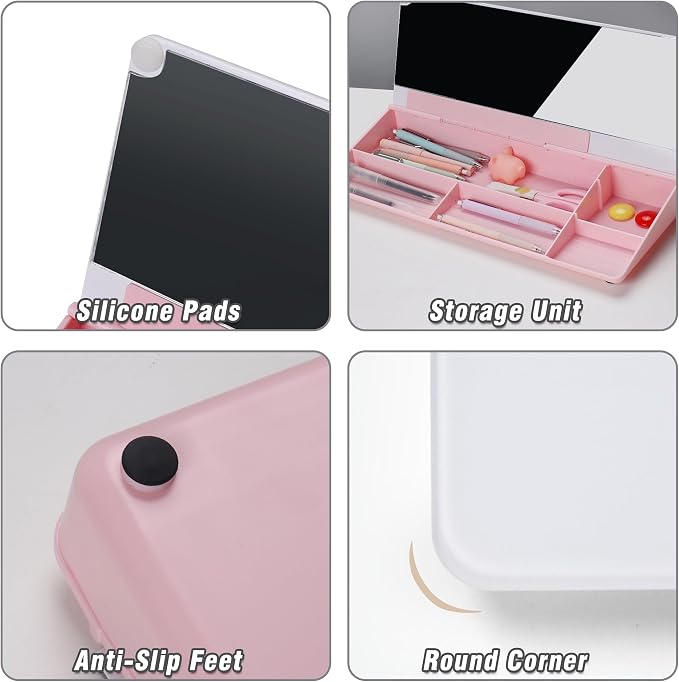 SELEAD Desktop Glass Whiteboard with Organizer & Built-in Mirror - Small Dry Erase White Board Computer Pad Keyboard Stand with Markers, Eraser, Holder for Women - Pink - Image 6