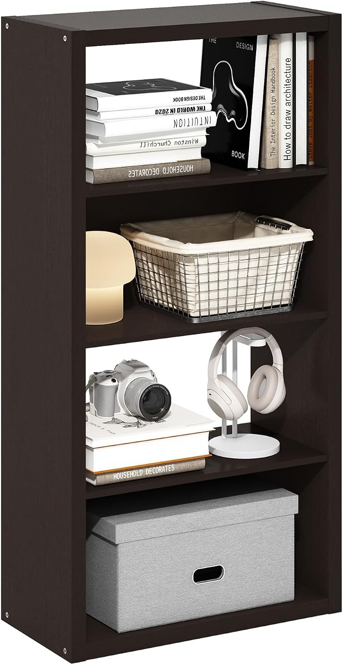 Furinno Viola 4-Tier Book Shelf, Extra Thick Frame Bookshelf, Dark Oak | Open Shelf, Open Back Design, 11.3" x 23.2" x 45.4", for Living Room, Bedroom, Home Office by Furinno-FitsYourSpaceFitsYourBudget