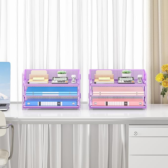 Subekyu 2-Pack 3-Tier Purple Metal Mesh Desk Paper Letter Tray & File Sorter Organizer with Handle + 1 Sliding Tray for Desk, Home, Office, School Supplies, A4 Paper and Accessories Storage - Image 6
