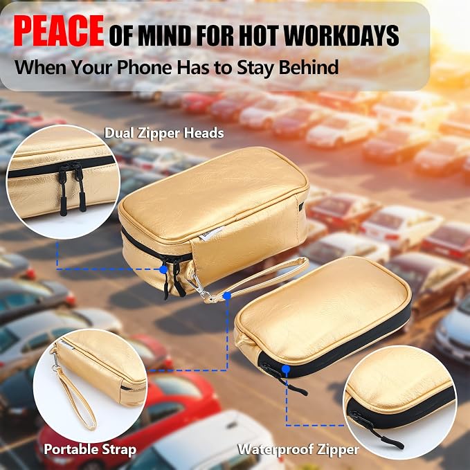 Car Phone Cooling Bag with 2 Ice Packs (Gold) – Active Thermal Pouch Prevents Overheating – Reflective Heat Shield Case for iPhone 17 Pro Max & Android –Essential Summer Work Gear - Image 6