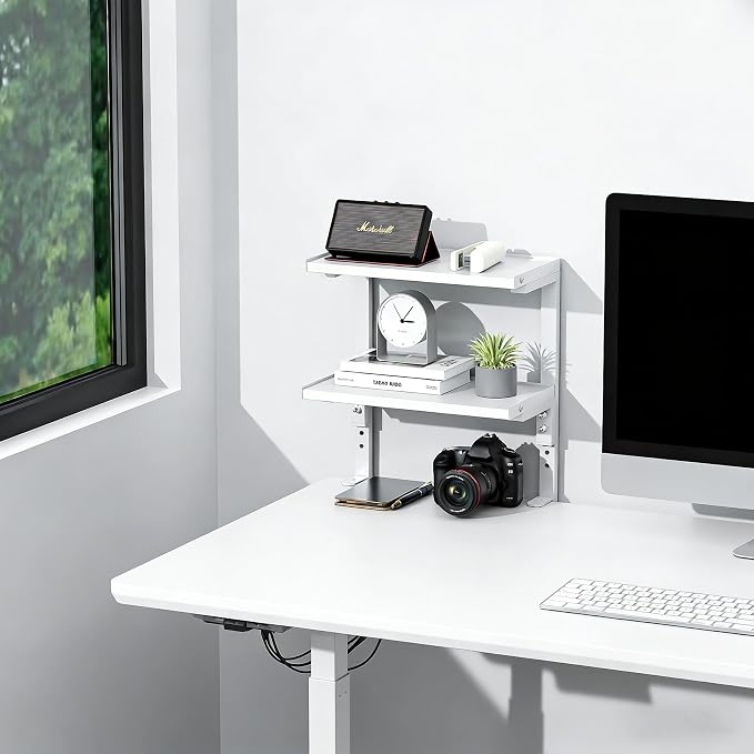 2-Tier Desk Shelf | Desk Organization Expandable Clamp on Desk Shelf Desktop Accessories for Offices and Game Rooms (White) - Image 6