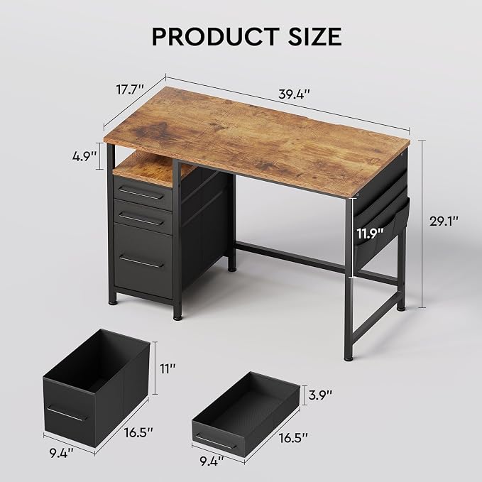Maihail Small Desk with Drawers, Office Desk with Storage Shelves, Brown | 40 Inch Desktop, Metal Frame, 3 Fabric Drawers, Storage Shelves, Computer & Writing Desk, Office Gaming Workstation - Image 6