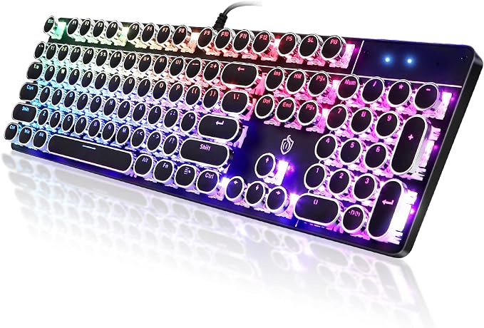 YSCP Typewriter Style Mechanical Gaming Keyboard RGB Backlit Wired with Blue Switch Retro Round Keycap 104 Keys Keyboard (R-Black) by YSCP