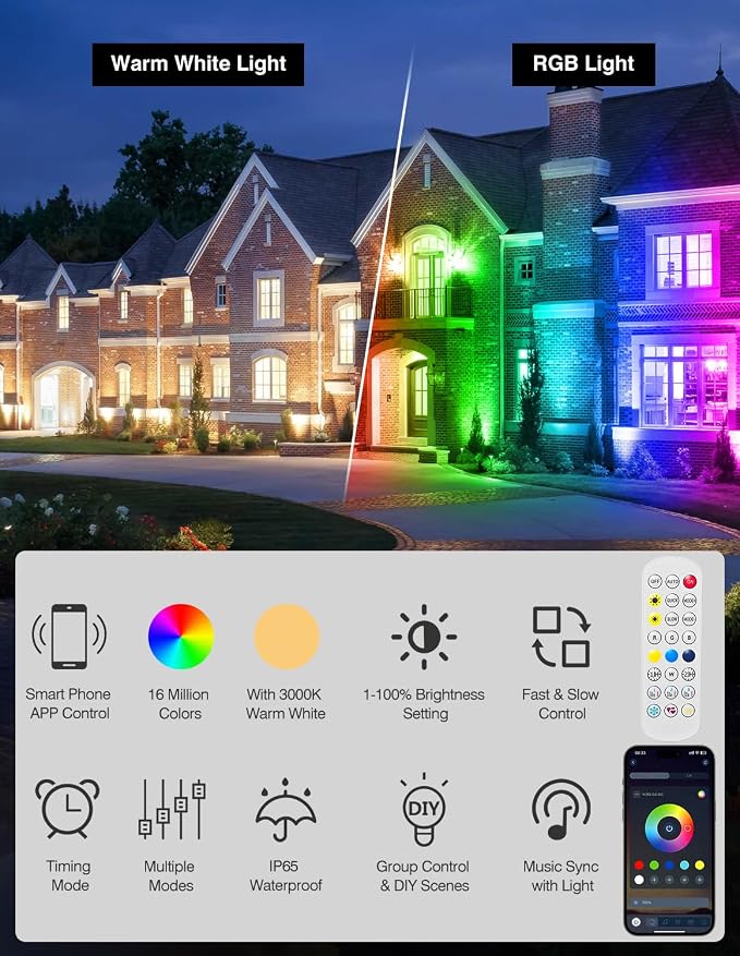 Spot Lights Outdoor, Smart RGBW LED Color Changing Landscape Lighting with APP and Remote Control, Music Mode, DIY Scenes, Timing, IP65 Waterproof Spotlight Plug in for Yard Garden, 4 Pack - Image 3
