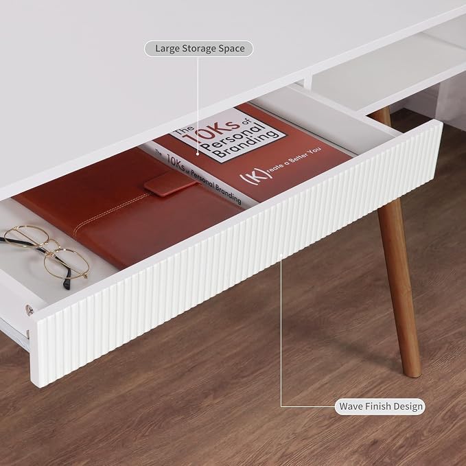 Artswish White Wood Desk with Drawer, 42" Mid Century Modern Writing Desk | Soild Wood Legs, Reinforced Structure, Drawer & Open Cubby Storage, Built-in Cable Management Hole for a Clean Workspace - Image 4