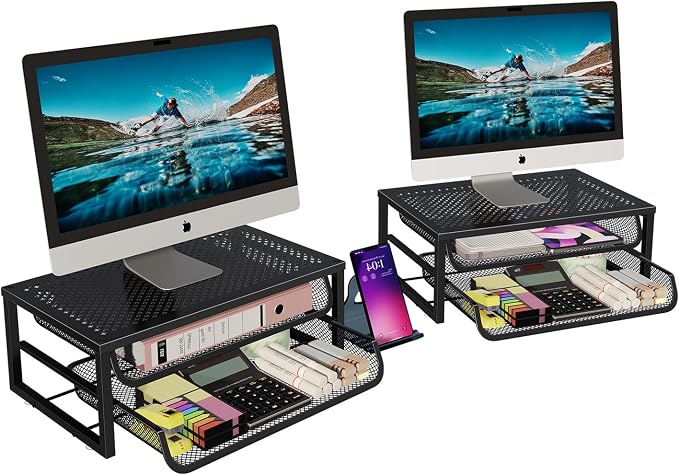 Ekisemio 2-Pack 2-Tier Monitor Stand Riser with Drawer, Metal Computer Desk Organizer for Home Office, Black by Ekisemio