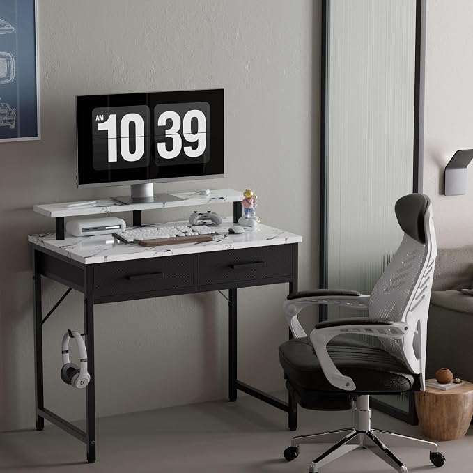 Pamray 32 Inch Small Computer Desk with Monitor Stand and 2 Drawers | Small Gaming Desk, for Bedroom Apartment and Dorm, for Study Work and Writing, Small Spaces, Sturdy, Easy Assembly - Image 2