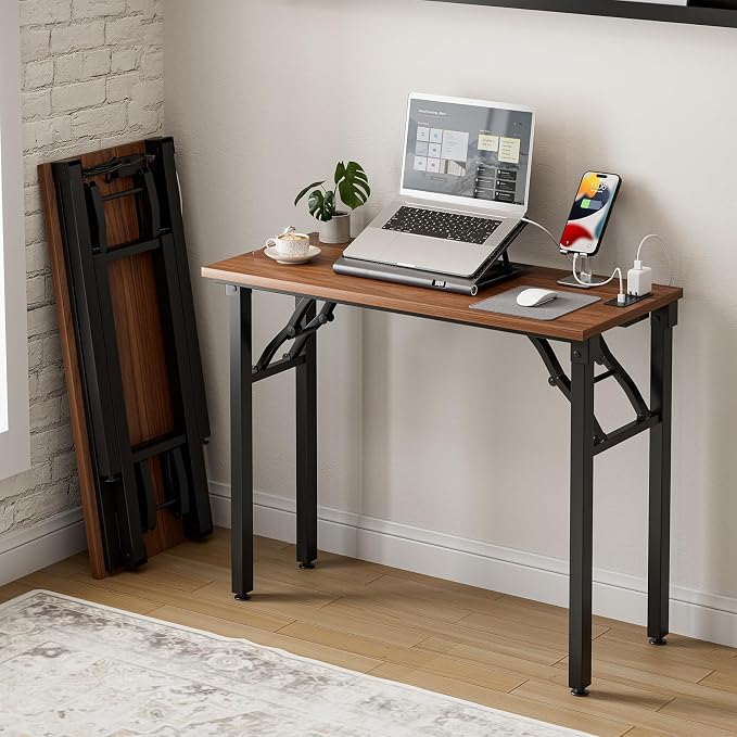 Frylr Small Folding Computer Desk – 35.8 Inch Portable Table for Craft and Study, Lightweight Desk for Small Spaces, Foldable Laptop Table Built-in AC/USB Outlets for Convenience, Dark Walnut by Frylr