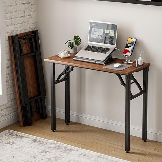 Frylr Small Folding Computer Desk – 35.8 Inch Portable Table for Craft and Study, Lightweight Desk for Small Spaces, Foldable Laptop Table Built-in AC/USB Outlets for Convenience, Dark Walnut by Frylr