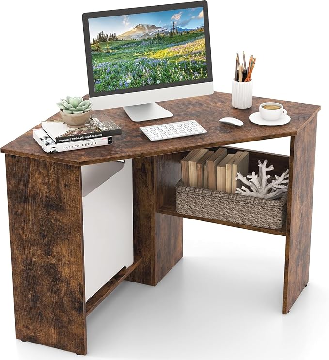 GOFLAME Corner Desk with Storage Shelves, Triangular Computer Desk with Cable Management Holes, Laptop Workstation for Small Space, Makeup Vanity Desk for Living Room, Study, Rustic Brown by GOFLAME