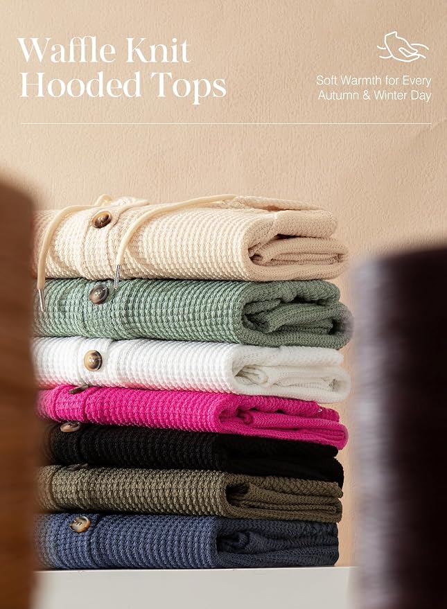 Dokotoo Hoodies for Women Waffle Knit Long Sleeve Drawstring Button V Neck Casual Sweatshirt Hooded Tops Fashion Clothing - Image 6