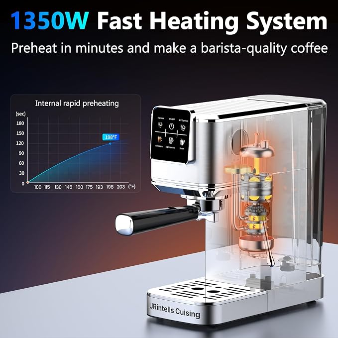 URintells Cuising Espresso Machine with Touchscreen And Cold Brew | 20Bar Pump,Stainless Steel Espresso Maker with Powerful Steam Milk Frother for Cappuccino Latte,Iced Americano - Image 5
