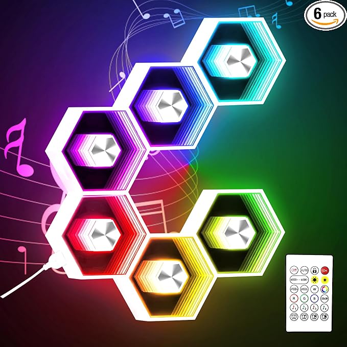 6 Pack Hexagon Lights Wall Panel | Hexagonal Led Lights Room Decor Wall Lights Smart APP Music Sync Honeycomb Shape Panels Hexagon Gaming Lights Bedroom Decor by vimeepro