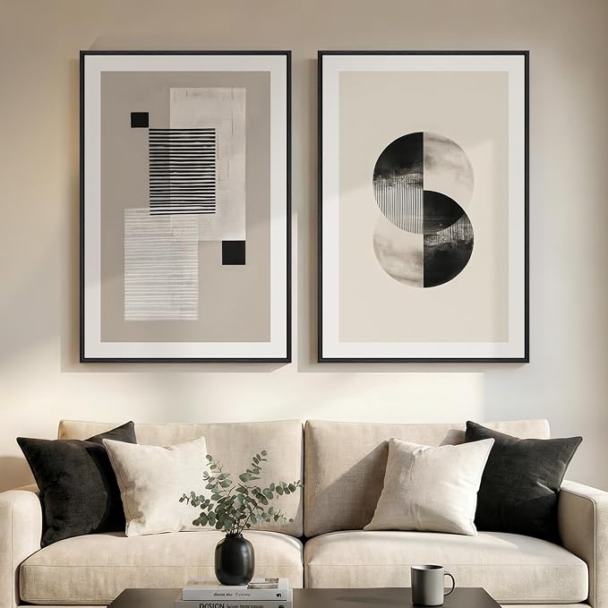 Large Framed Black and White Neutral Abstract Wall Art for Living Room, 2 Piece Modern Canvas Prints Artwork for Walls, Beige Minimalist Geometric Pictures for Bedroom Hallway Wall Decor 24x36 In by Cuspin