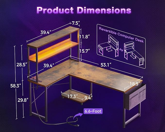 ODK 53" L Shaped Gaming Desk with Shelves, LED & Outlets, Vintage | Headset hook. Storage bag. Shelves for stationery & accessories. LED for late-night gaming. Reversible. Fits dual monitors. - Image 3