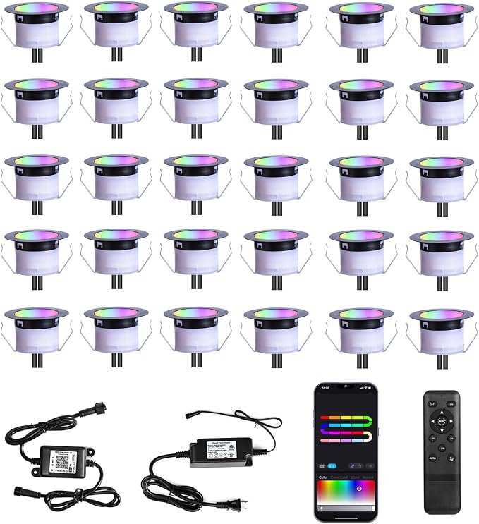 LED Deck Lights Kit, 30 Pack 1.77" Smart RGBW+IC Outdoor Lights | Low Voltage Recessed Deck & Step Lights | IP67 Waterproof Landscape Lighting for Stairs, Pool Deck & Garden | Works with Alexa/Google by Sumaote