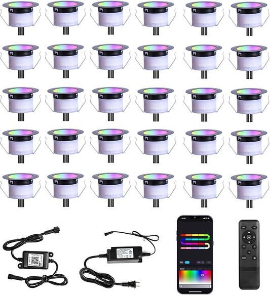 LED Deck Lights Kit, 30 Pack 1.77" Smart RGBW+IC Outdoor Lights | Low Voltage Recessed Deck & Step Lights | IP67 Waterproof Landscape Lighting for Stairs, Pool Deck & Garden | Works with Alexa/Google by Sumaote