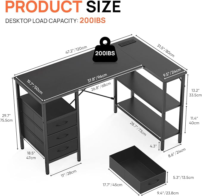 Alpen L Shaped Computer Desk, 47 Inch Corner Desk with Drawers and Power Outlets, Home Office Desk for Gaming, Study Writing PC Table with Storage and Reversible Shelf, Black - Image 3