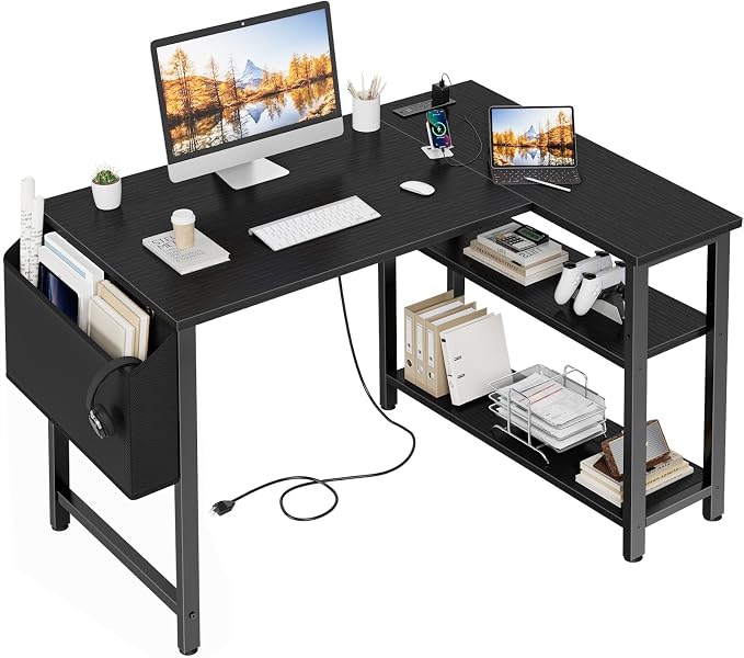 Lufeiya Small L Shaped Desk with Power Outlet Shelves, 40 Inch Corner Computer Desk for Small Space Home Office, L-Shaped Gaming Desk PC Desks with Charging Station, Black by LUFEIYA