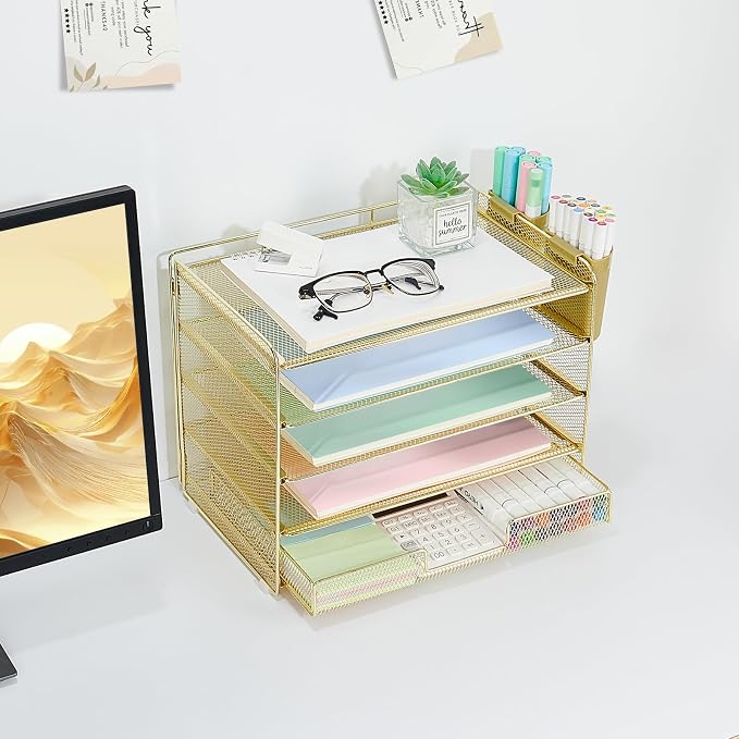 LEKETREE Desk Organizers and Accessories, 5-Tier Paper Letter Tray Organizer with Drawer & 2 Pen Holders, Desktop Organizer for Office Supplies (Gold) - Image 3