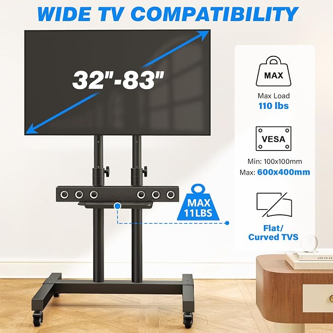 Rfiver Mobile TV Cart Rolling TV Stand for 32-83 Inch Screens up to 110lbs, Portable TV Stand on Wheels with Height Adjustable Shelf, Outdoor TV Stands Mount for Home Office MAX VESA 600x400mm, Black - Image 5