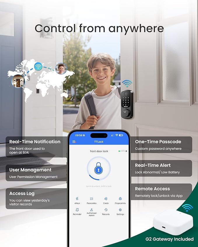 DESLOC Smart Lock B200 WiFi Version, Fingerprint Keyless Entry Door Lock, App Remote Control, Smart Locks for Front Door, WiFi Deadbolt Smart Lock, Emergency Power Port,12 Months Battery, Auto Lock - Image 3