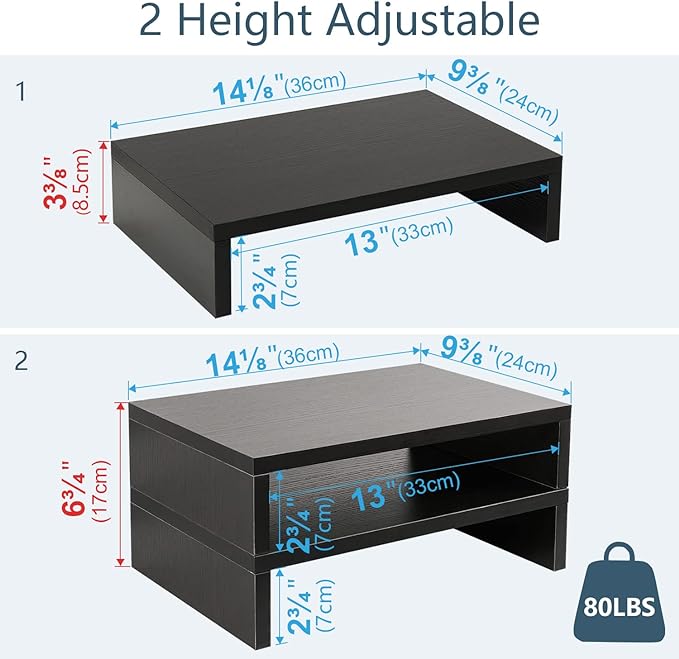 TEAMIX Wood Monitor Stand Riser-2 Pack, 2 Tier Adjustable Monitor Stand Dual Monitor Riser for 2 Monitors/Laptop/PC Black Computer Stand for Desk - Image 5