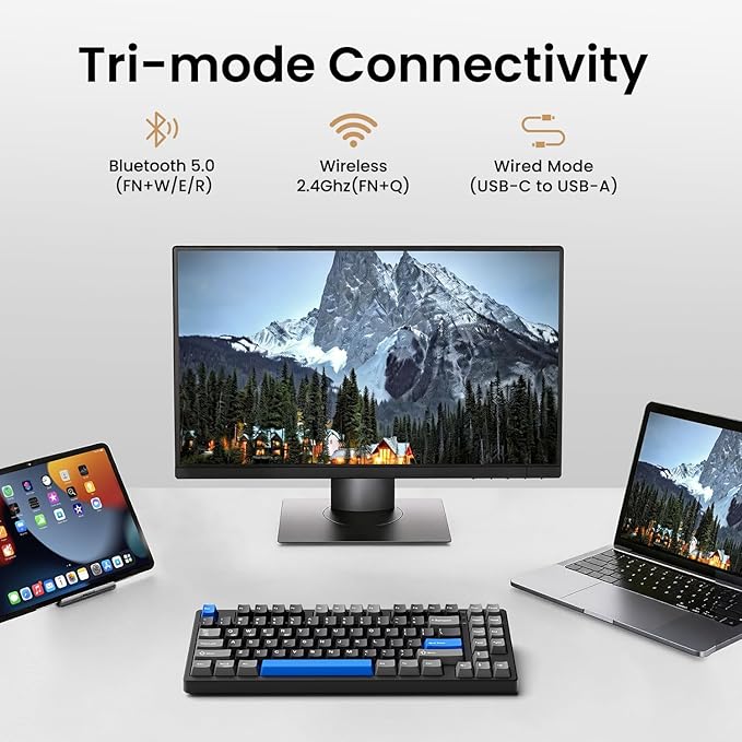 Kisnt KN85 Wireless Mechanical Keyboard, 75% Layout, Bluetooth/2.4GHz/USB-C, Custom RGB Backlit, Hot-Swappable Linear Switch, Creamy Sound for Gaming/Typing (Textured Black) - Image 2