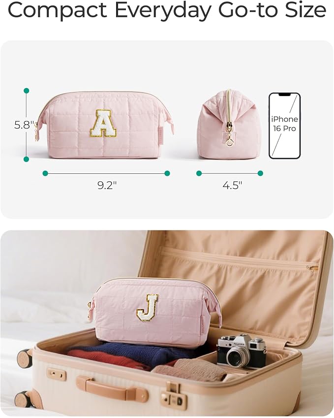 BAGSMART Birthday Gifts Personalized Initial Makeup Bag, Trendy Stuff Gifts for Women Bridesmaid Graduation, Puffy Padded Make Up Bags for Women, Wide-open Toiletry Bag, Pink K - Image 5