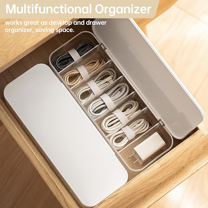 PAVSTINE Cable Organizer Storage Box with 7 Wire Ties,Desktop Cable Management Box with Lid,Power Cord Organizer with 7 Compartments for Office,Home,Desk Accessories Storage Stationery Supplies White - Image 2