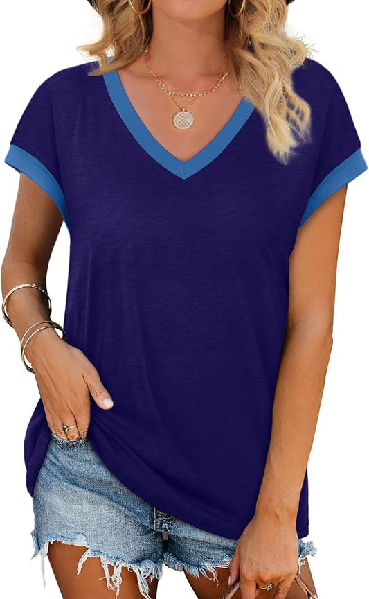 WIHOLL Womens Summer Tops 2026 Cap Short Sleeve Shirs V Neck T Shirts Fashion Beach Vacation Clothes Color Block by WIHOLL