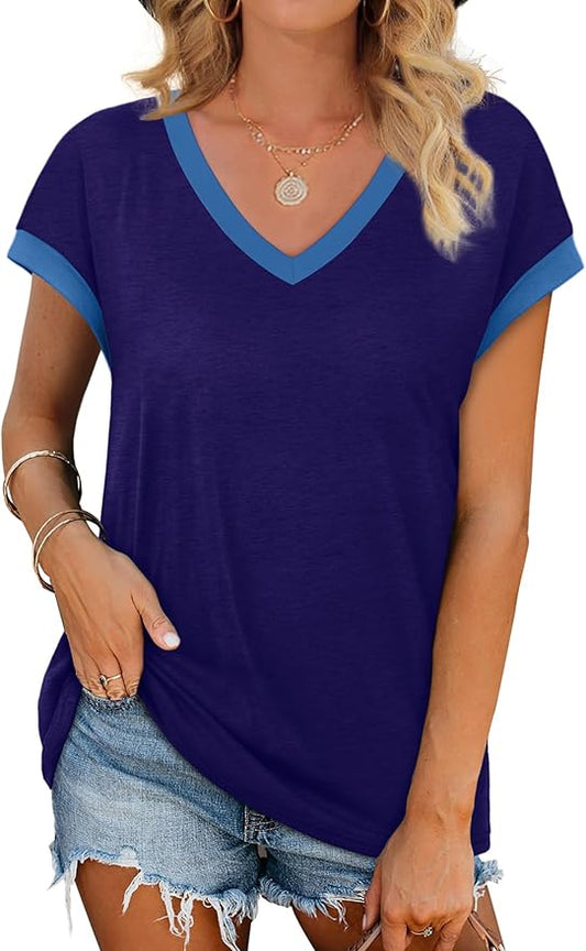 WIHOLL Womens Summer Tops 2026 Cap Short Sleeve Shirs V Neck T Shirts Fashion Beach Vacation Clothes Color Block by WIHOLL