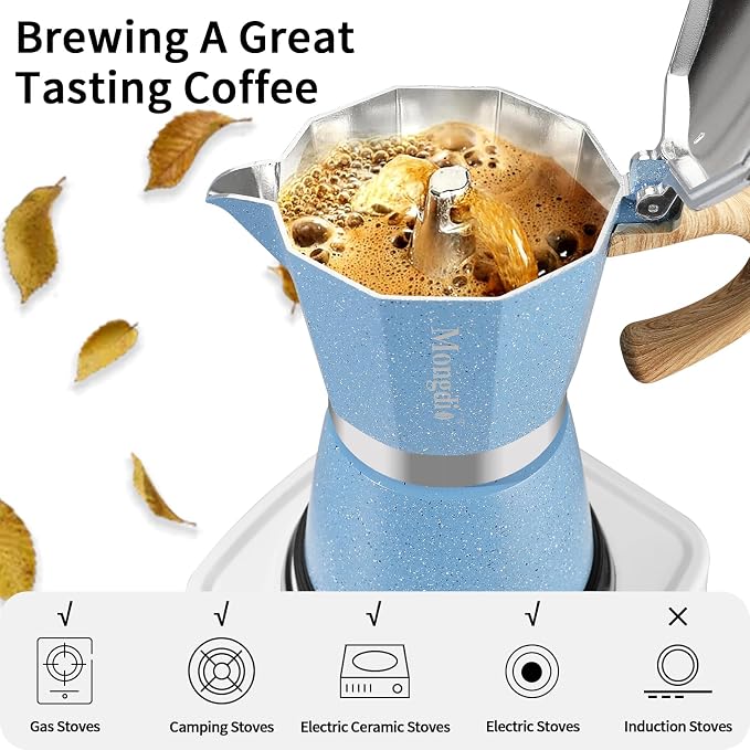 Mongdio Stovetop Espresso Maker Moka Pot, Cuban Coffee Maker Stove top coffee maker Moka Italian Espresso Greca Coffee Maker Brewer Percolator, 12 Espresso Cups, 20 oz - Blue - Image 6