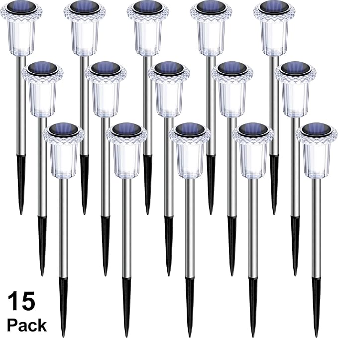 DenicMic Solar Garden Lights Outdoor Waterproof Warm White LED 15 Pack | Yard Garden Driveway Walkway Landscape Path Lights, Starburst Pattern, Acrylic Diamond-like Lampshade Stainless Steel Pole - Image 9