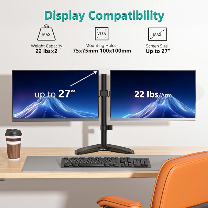 WALI Dual Monitor Stand for Desk, Monitor Stands for 2 Monitors up to 27 inch, Dual Monitors Mount Fits up to 22lbs, Free Standing Full Motion Dual Monitors Arm for Desk (MF002), Black - Image 2