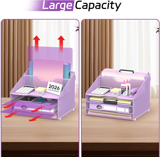 Desk File Organizer, 4 Letter Trays and 2 Upright Sections, Purple | Paper Organizer for Desk with Tiered Letter Trays and Vertical File Holders for Home Office, School and Workspace Use - Image 6