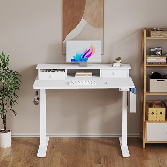 White Electric Standing Desk with Drawers - 40 Inch Small Standing Desk with Shelf Monitor Stand Storage Height Adjustable for Home Office, Study Writing Girls Computer Sit Stand Desks for Bedroom - Image 2