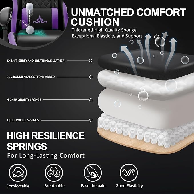 Gaming Chair,Ergonomic Massage Office Chair with Footrest,Purple | Pocket Spring Cushion,Reclining,Thick High Back,Headrest and Lumbar Support,Adjustable Leather Computer Chair Gamer Chair - Image 4