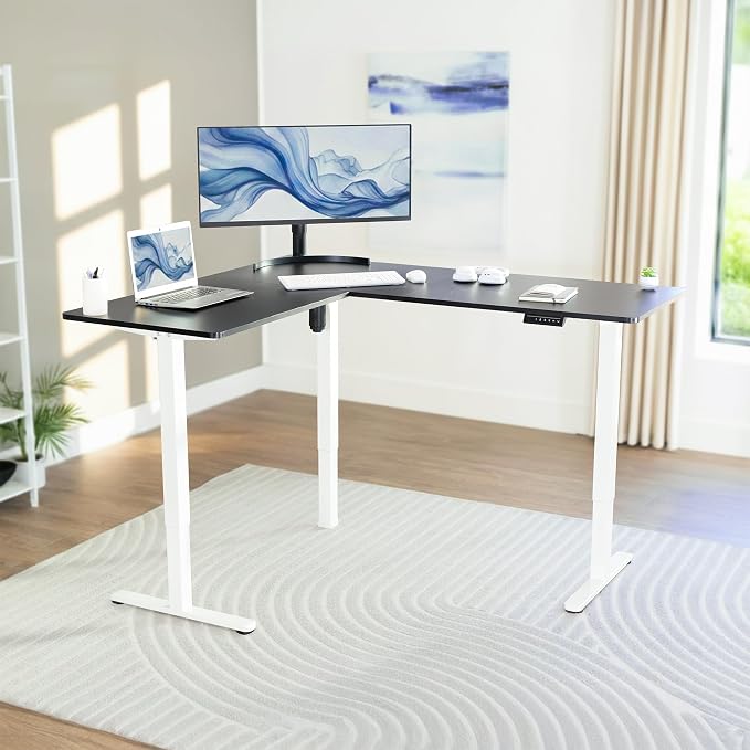 VIVO Black 63 x 55 in Corner Standing Desk, DESK-E3CTWB | Electric, Reversible L-Shaped Table, Sit Stand, Height Adjustable, Memory Controller, Office Furniture Sets, White Frame - Image 2