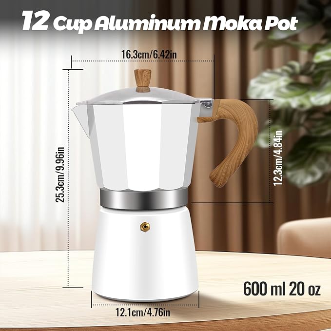 12 Cup Aluminum Moka Pot Classic Stovetop Espresso Coffee Maker 600ml 20oz Coffeemaker Percolator Mocha Express Preferred Cafe Makers for Italian and Cuban Café Brewing White - Image 2