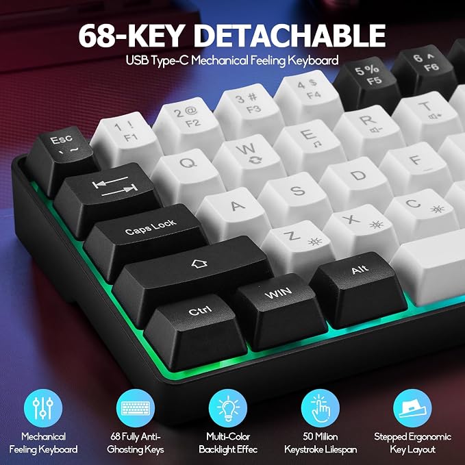 Guiheng Wired Portable 60% Mechanical Gaming Keyboard,RGB LED Backlit Compact 68 Keys Mini Wired Office Keyboard with Red Switch for Windows Laptop PC Mac - White - Image 6