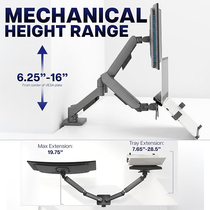 VIVO Universal Adjustable Monitor and Laptop Desk Mount, 17 to 32 inch Monitors, 10 to 15.6 inch Laptops, Dual Mechanical Arm VESA Notebook Stand with C-clamp and Grommet Options, Black, STAND-V002O-L - Image 4
