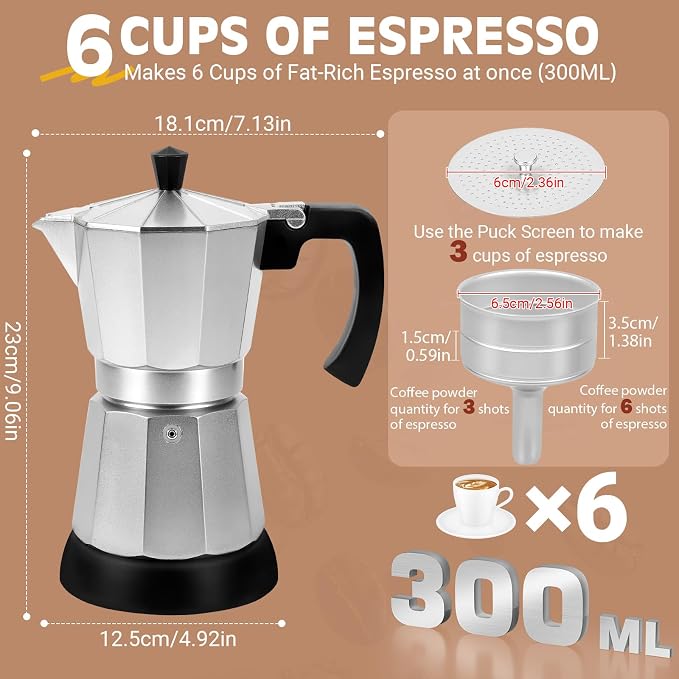Electric Moka Pot, 3 or 6 Cup Espresso Coffee Maker, Silver | Food-grade aluminum, dose reduction plate, boil-dry protection, auto-stop, detachable base, for Cuban and Italian coffee - Image 5