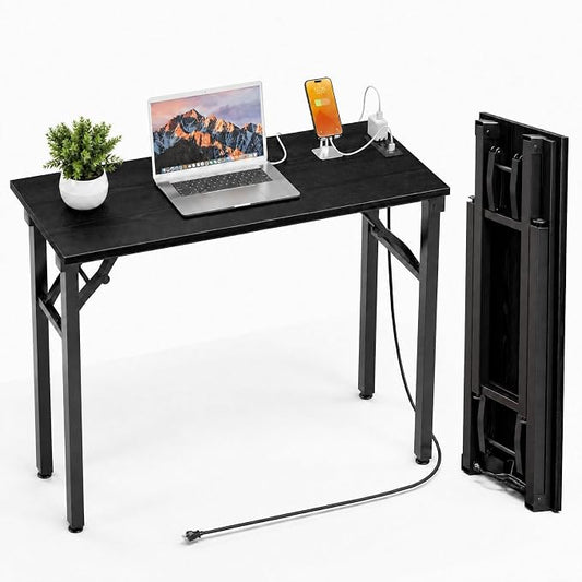 Folding Table Computer Desk - 35.8" No Assembly Folding Desk with Power Outlets & USB Charging Port, Small Desk, Foldable Office Desk, Compact Storage Portable Use for Small Space, Dark Oak by HMFOR