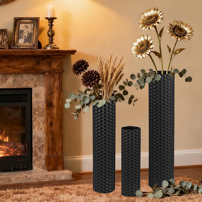 Black Tall Floor Vase - Set of 3 Extra Large Metal Decorative Vases for Living Room, 27.6" Long Modern Honeycomb Texture Big Cylinder Standing Corner Decor for Home Dining Bedroom Pampas Grass - Image 3