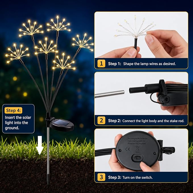 JJGoo Solar Garden Lights, New Upgraded 2 Pack Solar Swaying Starburst Light, Waterproof Fireworks Outdoor Lights, Yard Patio Pathway Decoration, Warm White - Image 7