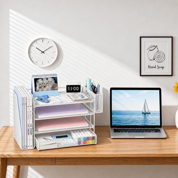 OPNICE Desk Organizers and Accessories, 4-Tier Desktop File Organizer with Drawer and Pen Holders, Office Desk Accessories Workspace Organizers for Office Supplies (White) - Image 2